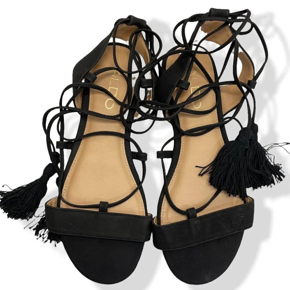 ALDO Black Laceup Flat Sandal with Tassels